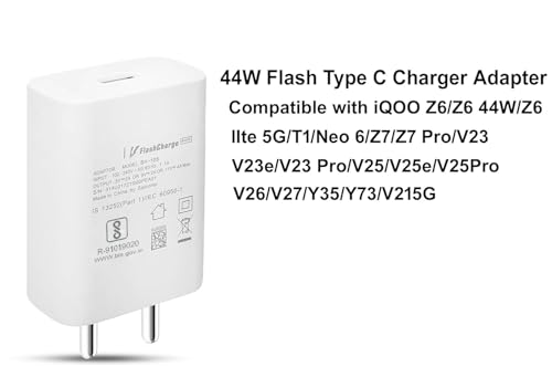 Image of Vivoo 44W Flash Charge Fast Charger Adapter with Type-C Cable | Rapid Charging Compatible for Vivo V Series, T Series, iQOO, Y Series | USB Type-A to Type-C | Travel-Friendly, Smart Safety Protection