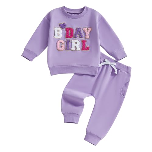 Qiylii Baby First Birthday Outfit Girl Fuzzy Letters Embroidery Sweatshirt Top and Pants 2 Piece Birthday Girl Outfit