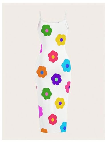 Image of Floerns Women's Flower Print Spaghetti Strap Cami Midi Dress Boho Pencil Dress White X-Small