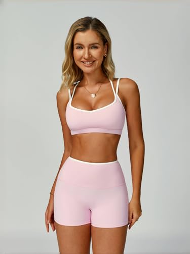 ABOCIW Workout Sets for Women 2 Piece Color Block Strappy Sports Bra High Waist Shorts Gym Yoga Pilates Outfits2