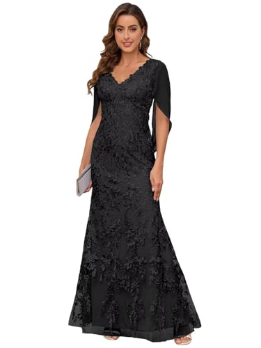 VCCICANY Lace Mermaid Mother of The Bride Dresses for Wedding V Neck Long Formal Evening Gown with Cape Sleeves