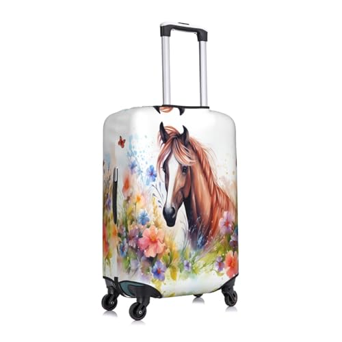 Spandex Travel Luggage Cover Printed Watercolor Horse Flowers Double-Sided Suitcase Protector Bag,Dust-Proof Cratch-Resistant Washable Baggage Covers For Kid Adult,Small3