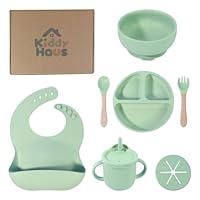 Kiddy Haus - Silicone Baby Feeding Set | BPA-FREE |9 PCS Baby Led Weaning Supplies Self Feeding Utensils | Divided Suction Plate Bowl Bib Training Sippy Cup Spoon Fork (Green)