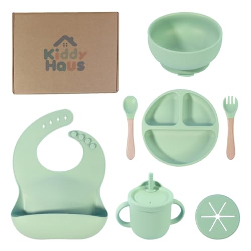 Kiddy Haus - Silicone Baby Feeding Set | BPA-FREE |9 PCS Baby Led Weaning Supplies Self Feeding Utensils | Divided Suction Plate Bowl Bib Training Sippy Cup Spoon Fork (Green)