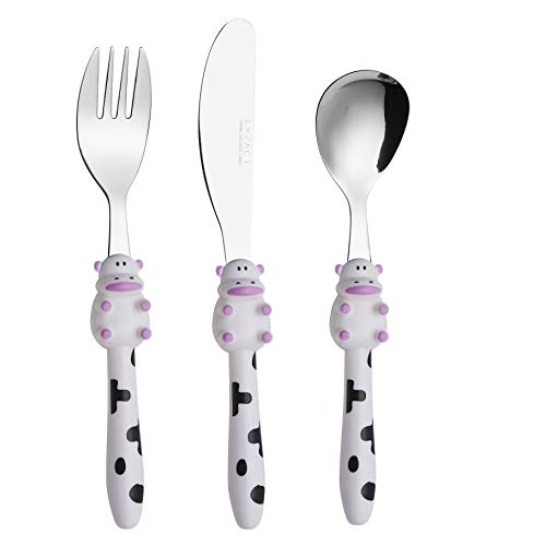Exzact Kinderbesteck 3 teiliges aus rostfreiem Stahl/spülmaschinengeeignet Kinderbesteckset - 1 x Gabeln, 1 x Menuemesser, 1 x Abendessen Löffel (Kuh x 3)