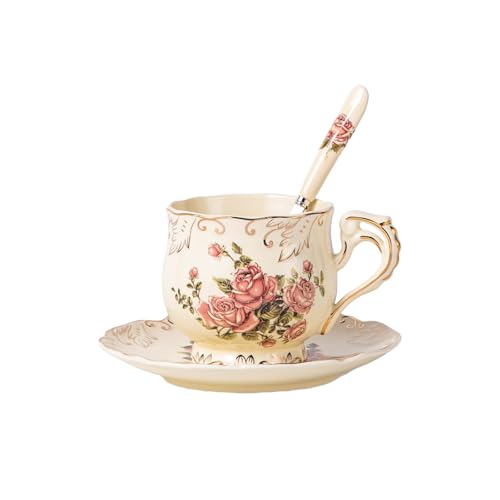 YOLIFE Rose Ivory Teacup Cup and Saucer Set,Ceramic Vintage Tea Cup Set with Matching Spoon (8 oz)