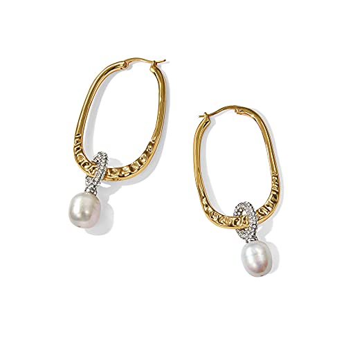 Pearl Hoop Gold Earrings 18K Gold Plated High Polished Pearl Dangle Hoop Earrings for Women Girls
