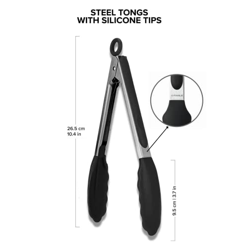 FiABLE Premium Steel and Silicone Food Tongs for Kitchen, Airfryer, Barbeque and Serving - 10 inch - 1 Year Warranty - FDA Approved Silicone, 230°C Heat-Resistant - Black