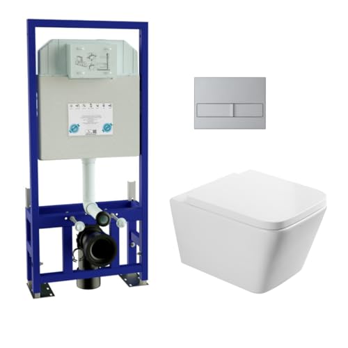Pack Inodoro Suspendido Blanco Brillo y Cisterna Empotrada Autoportante con Pulsador Cromo | Inodoro Blanco Brillo Rimless Sin Borde de Fondo Reducido y Asiento Extrafino con Caida Amortiguada