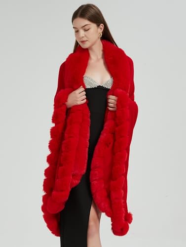 Faux Fox Fur Trim Cardigan Cloak Shawl Wraps Winter Poncho Oversized Cape4