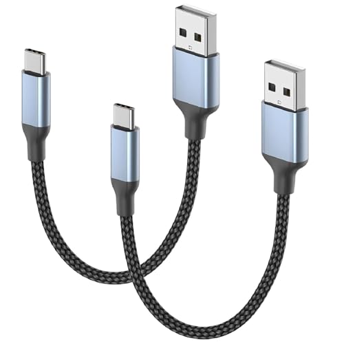 Short USB to USB C Fast Charger Cable (20cm 2PCS) USB2.0 Short USBA to USBC Charging Cable Nylon 0.2m Small USBC Lead for iPhone 17 16 15 Samsung Galaxy S24 S23 Huawei Pixel Xiaomi