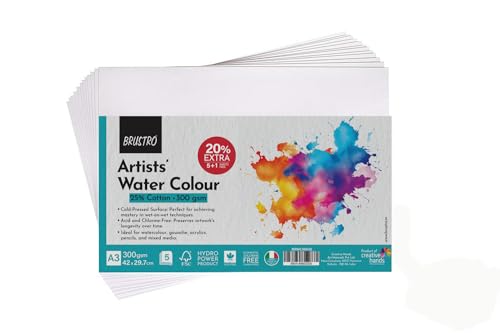 BRUSTRO Artists Watercolour Paper, 300 GSM, A3 Cotton, Cold Pressed, 6 Sheet