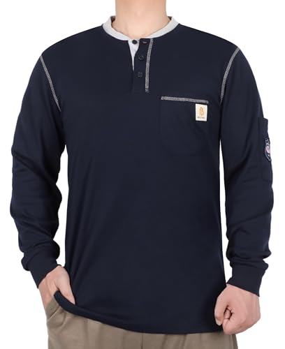 BOCOMAL FR Shirts for Men CAT2 5.5oz Navy Henley Shirts Flame Resistant Fire Retardant Long Sleeve Shirt
