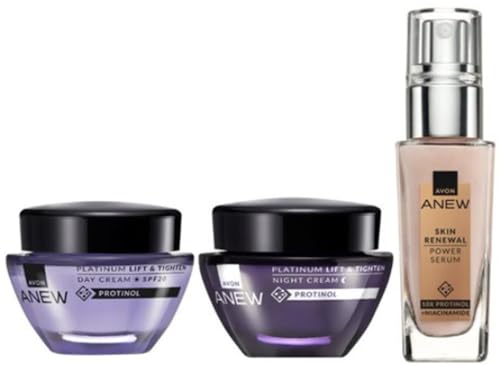 El juego de potencia Anew Anew Platinum Protinol™ incluye crema Day SPF20 de 50 ml, crema de noche de 50 ml y suero Protinol™ Power de 30 ml.