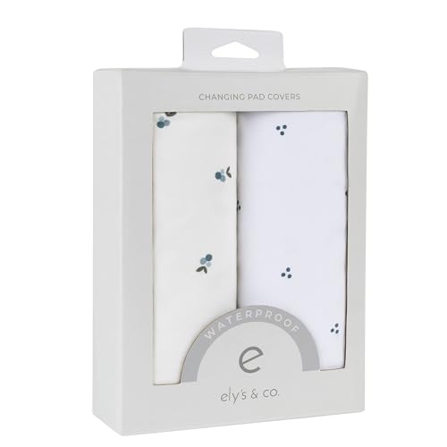 Image of Ely's & Co. Patent Pending Waterproof Changing Pad Cover Sheets, 100% Cotton with Waterproof Lining – 2 Pack Fitted Cradle Sheet Set, Berry and Cluster Dot (Blue) 34” x 17”