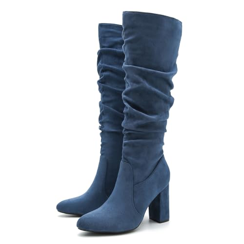 Women's Knee High Boots Sexy Pointed Toe Block Chunky High Heel Boots Side Zipper Pleated Leather Long Boots3