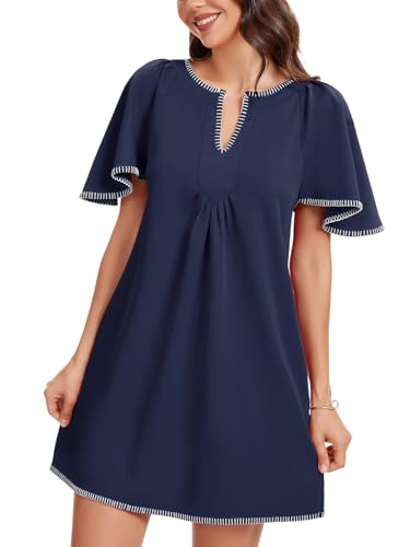 Image of KEOMUD Women's Summer Short Sleeve Mini Dress Casual V Neck Contrast Trim Flowy Shift Dresses with Pockets