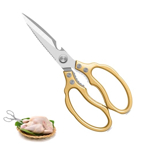 【Design ergonomico】 L'impugnatura a loto delle forbici da cucina è realizzata in lega di alluminio, adatta per la forma della mano, antiscivolo e fa risparmiare manodopera, impugnatura di maggiore comfort, risparmiando fatica evitando lesioni accidentali ogni volta che si utilizza e lama affilata combinata con il principio della leva , cibo facile e veloce da tagliare.