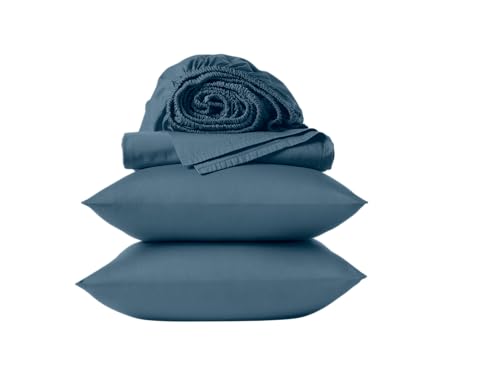 Coyuchi Classic Organic Sateen Sheet Set - 100% GOTS Certified Organic Cotton 4-Piece Bedding Set - Silky Soft Sateen Weave - Queen - Cerulean