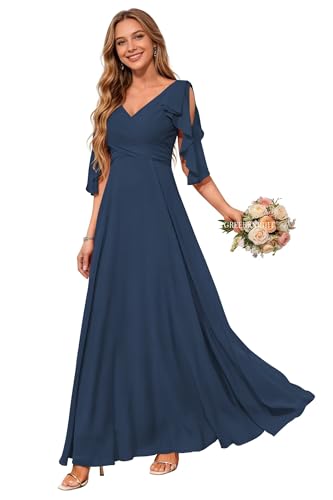 Image of Navy Blue Bridesmaid Dress for Women 2026 with Sleeves V Neck Chiffon Long Pleated A Line Formal Evening Gown for Wedding US14