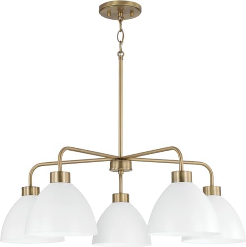 HomePlace by Capital Lighting 452051AW Ross Modern Luxe Art Deco Mid-Century Matte White Metal Cone Chandelier, 5-Light 500 Total Watts, 10" H x 30" W, Aged Brass and White