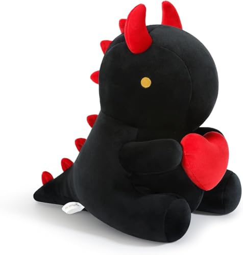 HUTRADE Original perro de peluche de dinosaurio con corazón rojo – Lindo peluche de dinosaurio (30 cm) en negro, perfecto como regalo romántico para niños, novias o amantes.