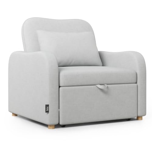Nalui-Sofá Cama 1 Plaza 3 en 1 Buddy 92x97x90cm con Respaldo Ajustable 2 Posiciones y Almohada. Sofá Cama Individual de Lino, Soporta hasta 200Kg. Sillón Relax Reclinable con Reposabrazos, Gris Claro