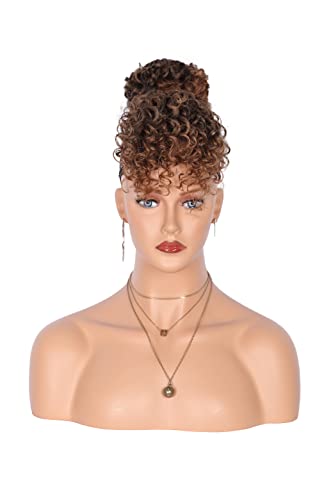 Fecihor Afro Updo Bun with Curly Hair Bangs Short Curly Wavy Ponytail Hair Extensions Clip in Wrap Updo Hairpiece for Women (Ombre Brown)
