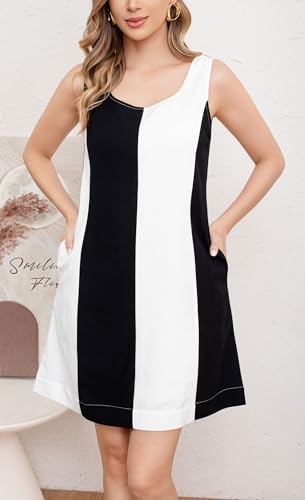 Image of CHARTOU Women Summer Sleeveless Linen Dress Color Block Short Beach Vacation Tank Dress