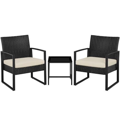 Yaheetech Set Mobili da Giardino in Poly Rattan 2 Sedie e Tavolino da Balcone con Cuscini Esterno Interno Nero/Beige