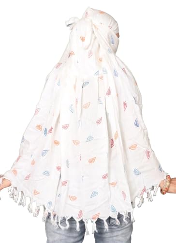 Image of Cotton Long Scarf Cum Mask Scarves Usable for Vehicle Driver | White Printed Design Fabric | Universal Size | Soft & Breathable Sun Protection | For Girl & Women