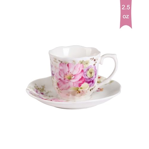 GuangYang 12 Pieces (Tiny Style) Espresso Cups and Saucers，2.5 ounce/80ml，Set of 6,Mini Premium Porcelain Coffee Cup Set, Fancy Flower Pattern Design