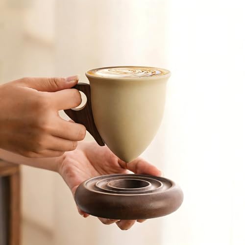 Taza de café cónica de cerámica con base y asa de madera miniatura 7