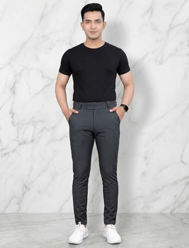 Image of MiraMichi Slim Fit Men's Formal Mid Rise Trousers - Solid Lycra Blend, Ideal for Formal Occasions, Stylish