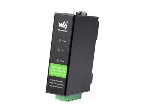 Waveshare Rail-Mount Serial Server RS232/485/422 to RJ45 Ethernet Module POE Function TCP/IP to Serial Supports Modbus Gateway for Data Acquisition IoT Gateway and Intelligent Instrument Monitoring
