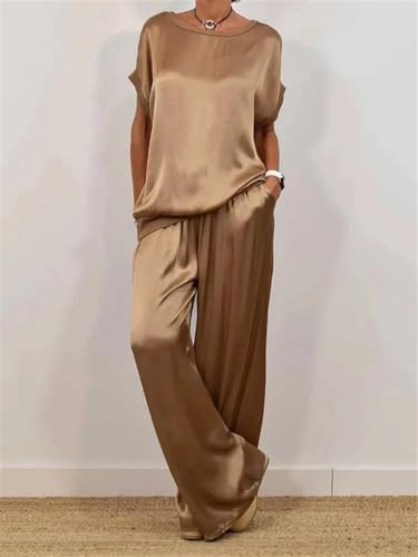 Women's Smooth Satin Two Piece Sets Outfits O-Neck Short Sleeve Top Wide Leg Pant Casual Loose Suits2