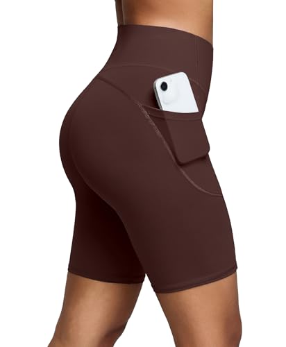 BRXL BrxlZero Biker Shorts Women Pockets 8 No Front Seam High Waisted Compression Workout Tummy Control Running Yoga Brown M