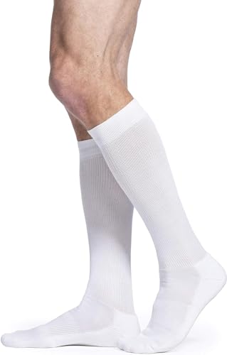 Image of Sigvaris Men's Motion Cushioned Cotton 360 Closed Toe Calf-High Socks 20-30mmHg - Whie - Medium Long