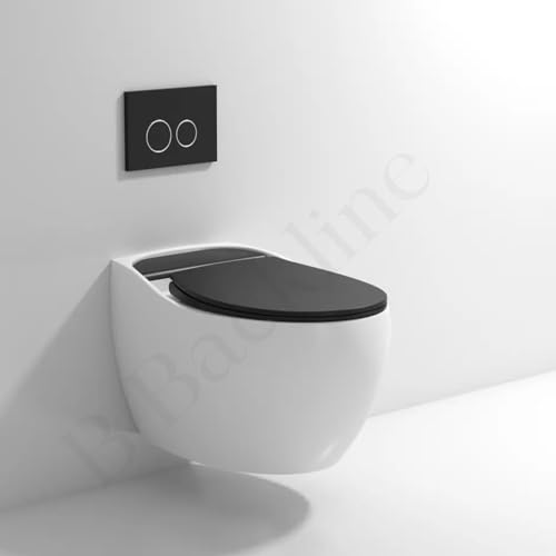 Image of B Backline Elite Ceramic Rimless Wall Hung Western Toilet /Water Closet /Commode /European Commode With Soft Close Toilet Seat Cover - P Trap 57 X 39 X 42 Cm (Black Matt White) (5 Years Warrenty)
