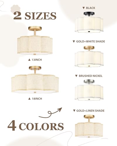 Image of Gold Semi Flush Mount Ceiling Lights, 3-Light 12.5 inch Light Fixtures Ceiling Mount with Linen Fabric Drum Shade in Flower Shape for Nursery Hallway Bedroom Kitchen, AD-22007-3SF-GD-B