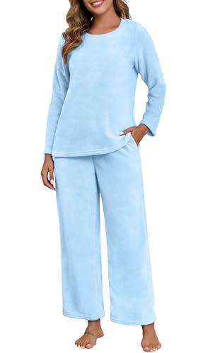 PrinStory Fluffy Flannel Winter Pajamas for Women - Plush Fleece Warmth, 2-Piece Fuzzy Pajama Set with Pockets2