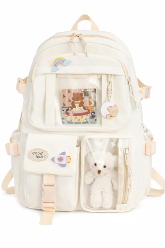 Mochila escolar Mochila Feminina Infantil com Ursinho e Broches – Grande Capacidade 25L, Mochila Escolar Menina Juvenil com Bolso Frontal, Alças Acolchoadas (Creme)