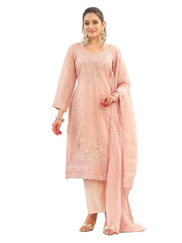 Image of INDO ERA Women's Silk Blend Floral Embroidered Straight Kurta & Pant With Dupatta Set (IEOUT12442)