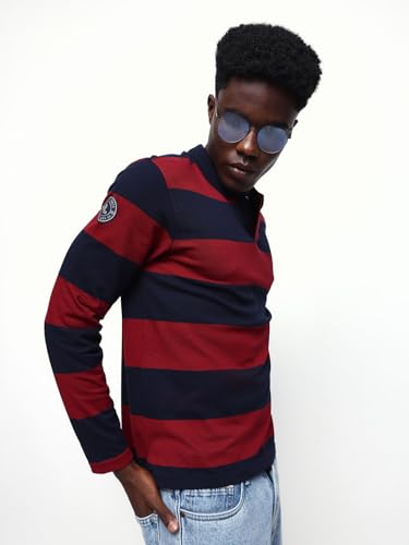 Image of Dennis Lingo Men's Striped Polo Neck Full Sleeves Relaxed Fit T-Shirt