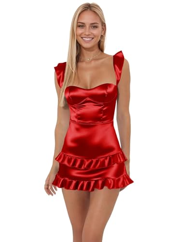Cudiew Satin Ruffles Sleeves Homecoming Dresses Short Tight for Teens Mini Corset Tiered Formal Cocktail Dress