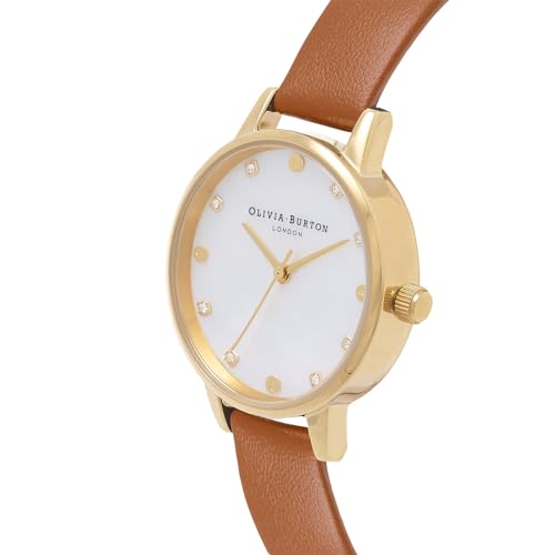 Image of Olivia Burton Classics Qtz Basic Slim White Mother of Pearl & Stone Round Dial Women's Watch|Honey Tan Leather Material|Grey Color Band - OB16SE23