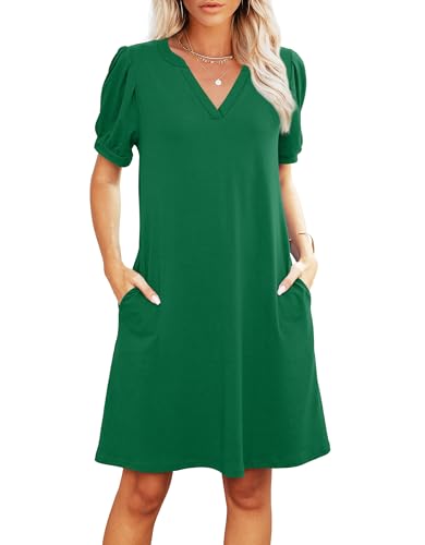 RUMIA V-Neck Summer Casual Sundress for Women- Short Sleeve Swing Beach Dress with Pockets Emerald