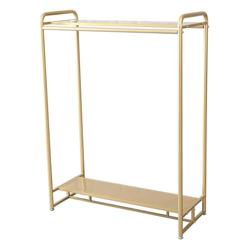 Portant à vêtements en métal doré à double barre et étagères pour dressing