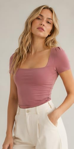 Image of SIGHTBOMB SOFTLINE SQUARE NECK DOUBLE LAYER SHORT SLEEVE MICROFIBER CUDDLE TEE AFFORD LUX EDITION FEATHER TOUCH TOP FOR WOMEN