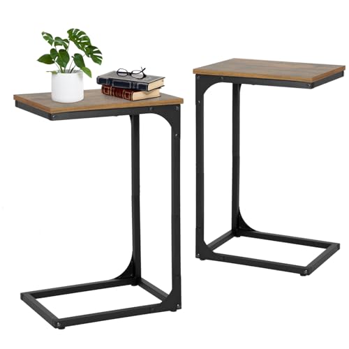 PayLessHere C Shaped End Table Set of 2 C Shaped Couch Tray End Table with Metal Frame Adjustable Feet 24 Inch Morden Sofa Desk TV Tray for Living Room,Bedroom,Small Space,Bedside,Farmhouse,Brown